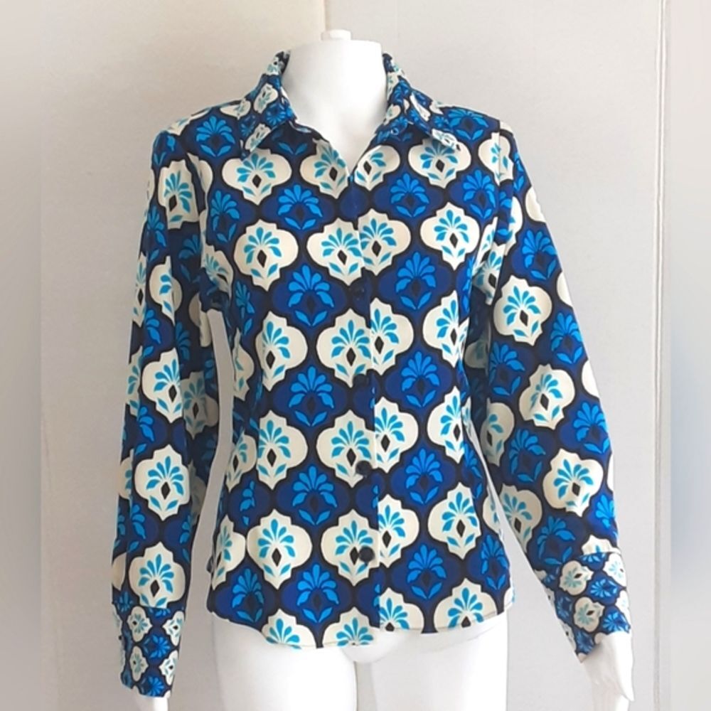 ZARA Blue Teal White Geometric Fitted Button Down Long Sleeve Collar Shirt Sz M